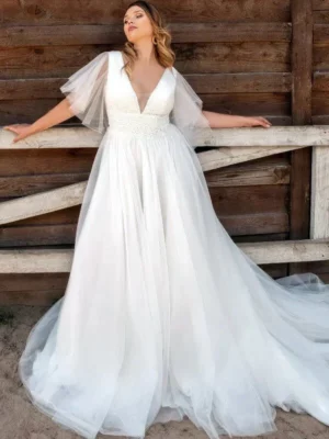 Elegant Flare Sleeves Plus Size Bridal Gown V Neck Customized A-line Wedding Dress Oversize Lace Bride Dresses Vestido de Novia