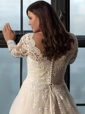 Exquisite Lace Wedding Dress Plus Size V Neck Long Sleeves Applique Sweep Train Vestido De Noiva Wedding Gown Bridal Dresses – Image 4