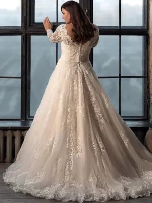 Exquisite Lace Wedding Dress Plus Size V Neck Long Sleeves Applique Sweep Train Vestido De Noiva Wedding Gown Bridal Dresses – Image 3