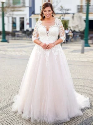 Wedding Dresses Plue Size V Neck 3/4 Sleeves Bride Gowns Appliques Illusion Sweep Train Tulle A-Line Robe De Mariée  PSL980032