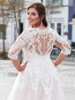 Wedding Dresses Plue Size V Neck 3/4 Sleeves Bride Gowns Appliques Illusion Sweep Train Tulle A-Line Robe De Mariée  PSL980032 – Image 4