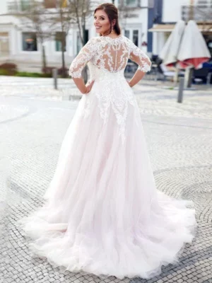 Wedding Dresses Plue Size V Neck 3/4 Sleeves Bride Gowns Appliques Illusion Sweep Train Tulle A-Line Robe De Mariée  PSL980032 – Image 2