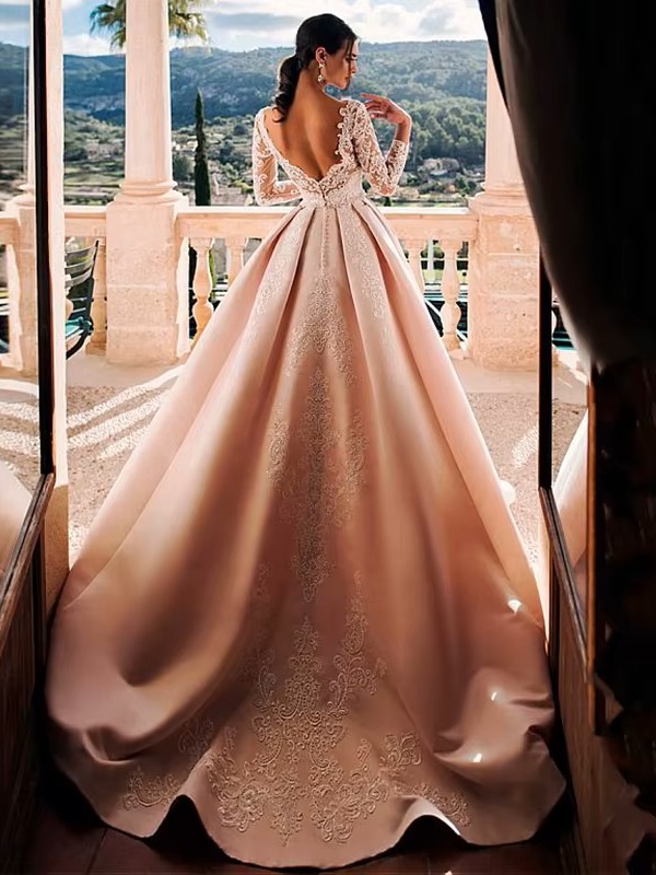 SoDigne Satin Wedding Dress Lace Appliques V-Neck A-Line Long Sleeves Princess Bridal Dress Elegant Wedding Gowns Customized 2 SoDigne Satin Wedding Dress Lace Appliques V-Neck A-Line Long Sleeves Princess Bridal Dress Elegant Wedding Gowns Customized – Image 2