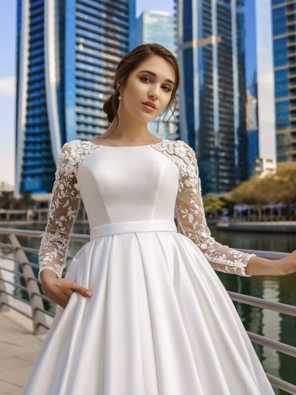 SoDigne Dubai Modest Wedding Dresses Lace Long Sleeve Satin Bride Dress With Belt Women Elegant Wedding Party Gowns Customized – Image 3