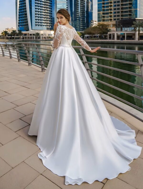 SoDigne Dubai Modest Wedding Dresses Lace Long Sleeve Satin Bride Dress With Belt Women Elegant Wedding Party Gowns Customized – Image 2