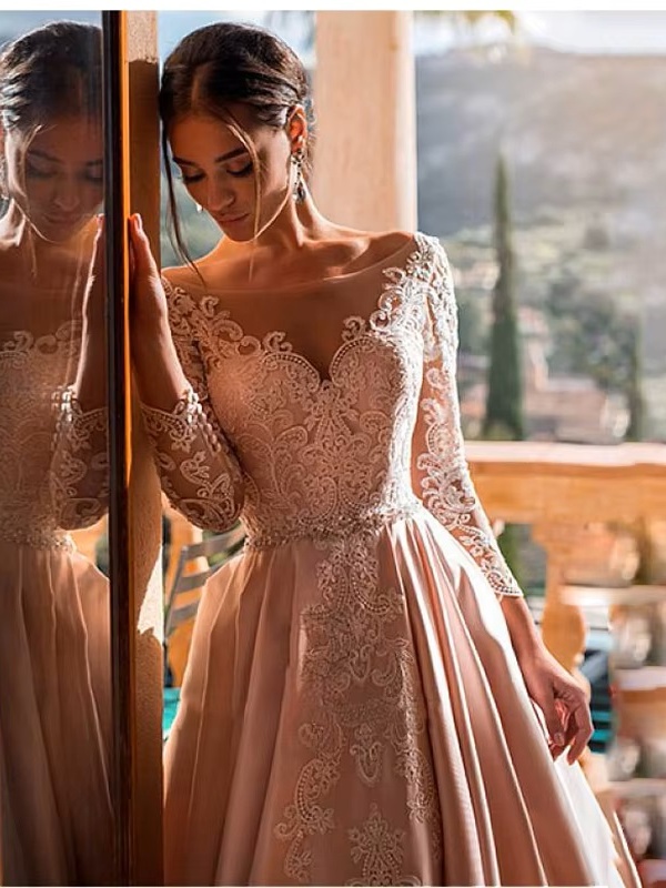 SoDigne Satin Wedding Dress Lace Appliques V-Neck A-Line Long Sleeves Princess Bridal Dress Elegant Wedding Gowns Customized 3 SoDigne Satin Wedding Dress Lace Appliques V-Neck A-Line Long Sleeves Princess Bridal Dress Elegant Wedding Gowns Customized – Image 3
