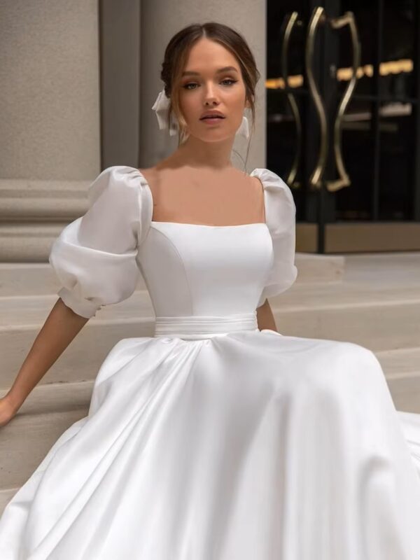 SoDigne 2023 Modern Boho Wedding Dresses Satin Short Sleeves Bow Square Collar Appliques Bride Dress Customized Wedding Gowns – Image 3