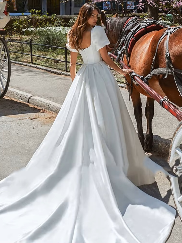 SoDigne Boho Satin A-Line Wedding Dress 2022 Elegant Short Puff Sleeves Square Neck Women Princess Bridal Gown Customized 2 SoDigne Boho Satin A-Line Wedding Dress 2022 Elegant Short Puff Sleeves Square Neck Women Princess Bridal Gown Customized – Image 2
