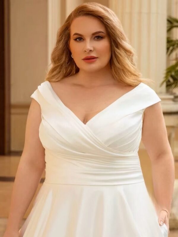 Elegant Wedding Dress For Women Plus Size Satin V-Neck Off The Shoulder Bride Gown Lace Up Sweep Train A-Line Robe De Mariée – Image 3