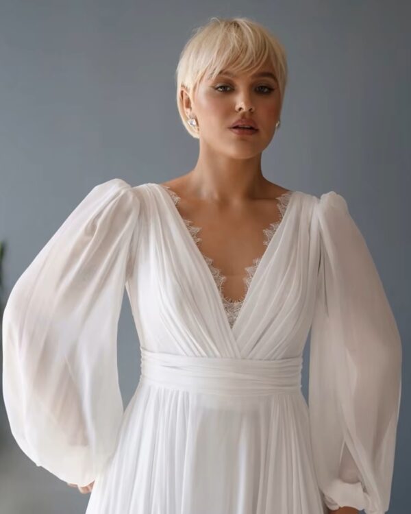 Customized Plus Size Wedding Dresses with Chiffon V Neck Full Sleeve Bridal Gowns for Women New Summer Vestido De Novia New – Image 3