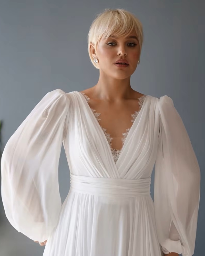 Customized Plus Size Wedding Dresses with Chiffon V Neck Full Sleeve Bridal Gowns for Women New Summer Vestido De Novia New 3 Customized Plus Size Wedding Dresses with Chiffon V Neck Full Sleeve Bridal Gowns for Women New Summer Vestido De Novia New – Image 3