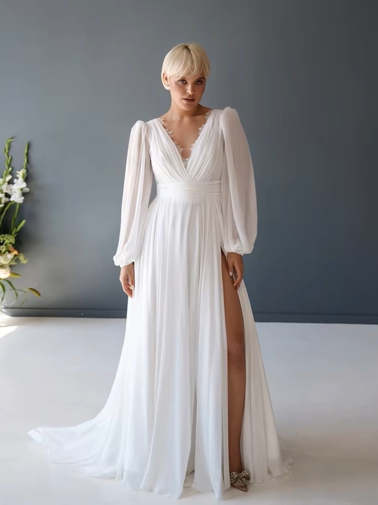Customized Plus Size Wedding Dresses with Chiffon V Neck Full Sleeve Bridal Gowns for Women New Summer Vestido De Novia New 1 Customized Plus Size Wedding Dresses with Chiffon V Neck Full Sleeve Bridal Gowns for Women New Summer Vestido De Novia New