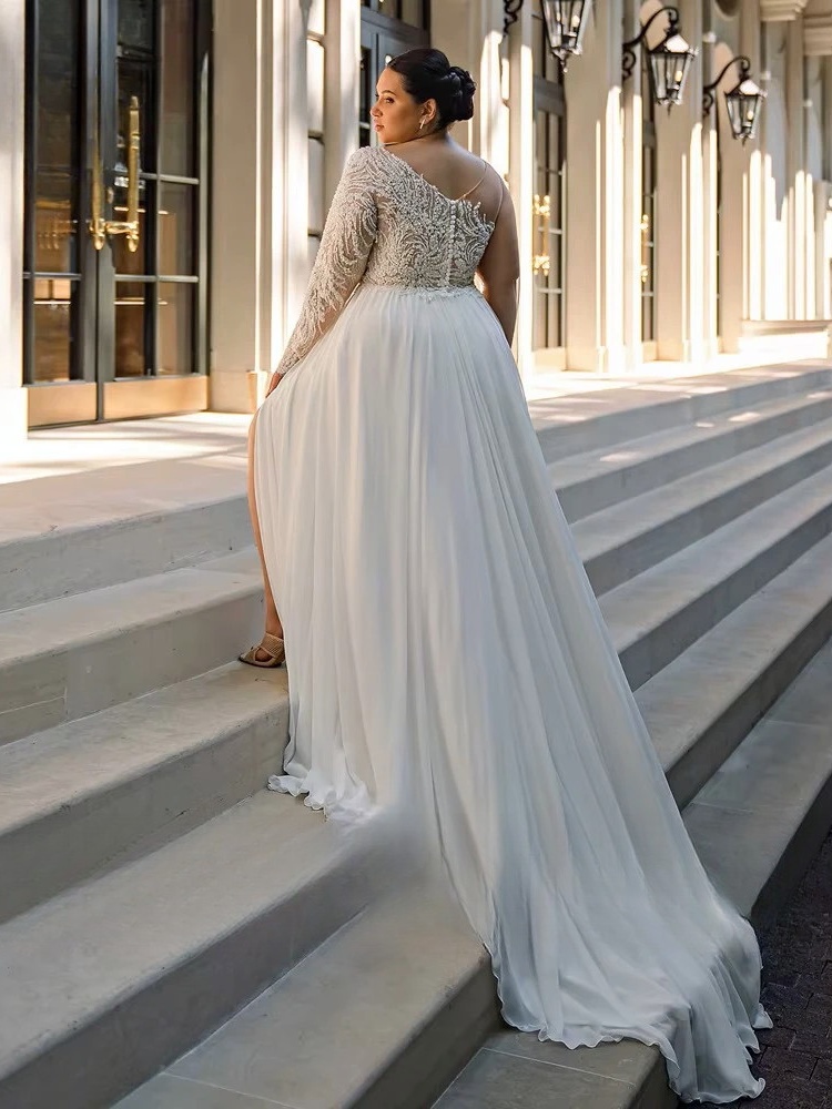 Customized Chiffon Wedding Dresses Plus Size O Neck One Shoulder Bride Gowns Applique Floor Length Front Slit A-Line Robe De 2 Customized Chiffon Wedding Dresses Plus Size O Neck One Shoulder Bride Gowns Applique Floor Length Front Slit A-Line Robe De – Image 2