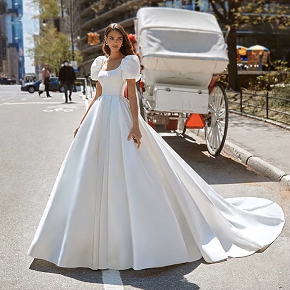 SoDigne Boho Satin A-Line Wedding Dress 2022 Elegant Short Puff Sleeves Square Neck Women Princess Bridal Gown Customized 3 SoDigne Boho Satin A-Line Wedding Dress 2022 Elegant Short Puff Sleeves Square Neck Women Princess Bridal Gown Customized – Image 3