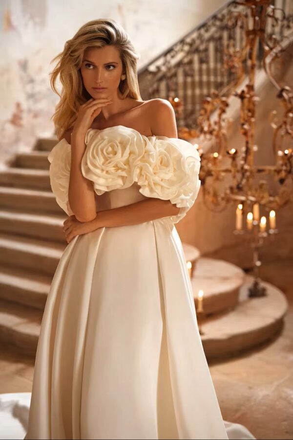 SoDigne Off Shoulder 3D Flower Wedding Dresses A-line Sleeveless Simple Satin Bridal Dress 2025 Long Wedding Gown Robe De Mairee – Image 3