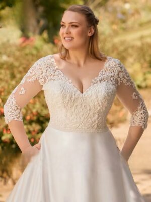Classic Wedding Dresses 2023 Plus Size V-Neck 3/4 Sleeves Bride Gowns Back Lace-up Lace Applique A-Line Satin Robe De Mariage 3 S621990a71a59434b80e15c75121b902fl Cropped