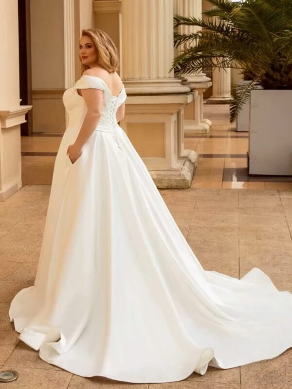 Elegant Wedding Dress For Women Plus Size Satin V-Neck Off The Shoulder Bride Gown Lace Up Sweep Train A-Line Robe De Mariée – Image 2