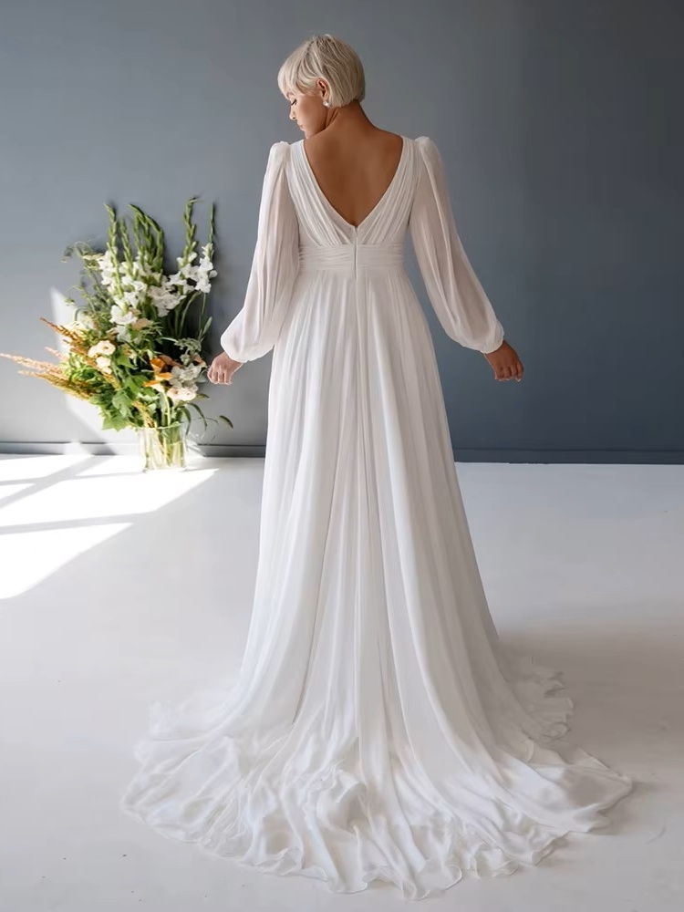 Customized Plus Size Wedding Dresses with Chiffon V Neck Full Sleeve Bridal Gowns for Women New Summer Vestido De Novia New 2 Customized Plus Size Wedding Dresses with Chiffon V Neck Full Sleeve Bridal Gowns for Women New Summer Vestido De Novia New – Image 2
