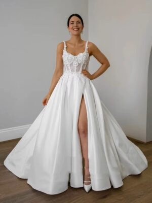 SoDigne A Line Satin Wedding Dresses For Women Lace Appliques Side Split Bridal Dress Wedding Party Bridal Gowns Customized