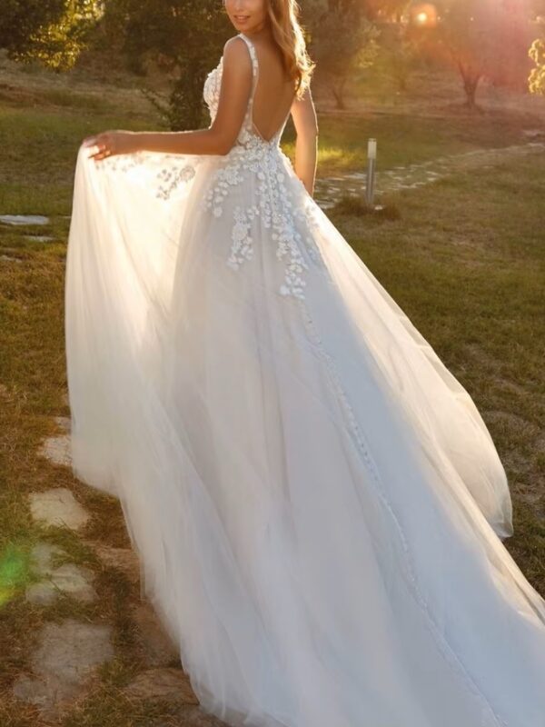 SoDigne Formal Princess Women Wedding Dresses Lace Flower A Line Bride Gowns Button Backless Bridal Dress For Wedding Customized – Image 2