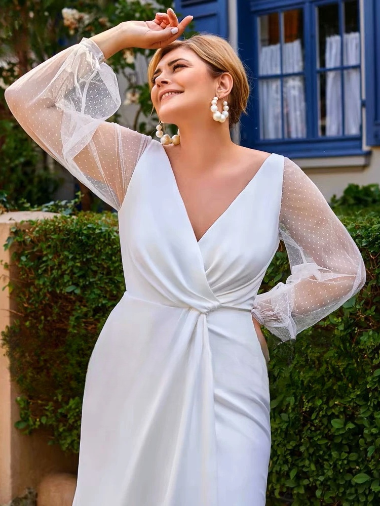 Simple Mermaid Wedding Dresses Plus Size V Neck Long Sleeves Bride Gowns Pleat Back Zipper Floor Length Vestido De Noiva 2025 3 Simple Mermaid Wedding Dresses Plus Size V Neck Long Sleeves Bride Gowns Pleat Back Zipper Floor Length Vestido De Noiva 2025 – Image 3