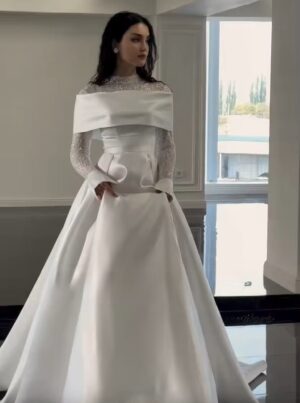 SoDigne A-line Satin Wedding Dresses High Neck Full Sleeves Bridal Dress Beading Long Wedding Gown Robe De Mairee Customized 3 Scce33bcbe9a1484bb585b31402318601H Cropped
