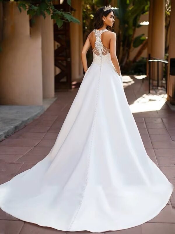 SoDigne Boho Satin A-line Wedding Dresses 2023 Sexy V Nack Lace Blackless Bride Dress Customized Sleeveless Bridal Gowns – Image 2