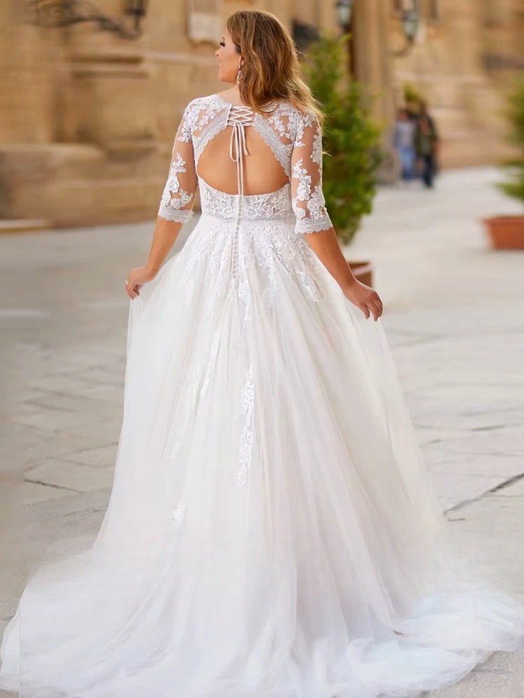 Elegant Tulle Wedding Dresses Plus Size V Neck 3/4 Sleeves Bride Gowns Back Lace Up Sweep Train A-Line Vestido De Noiva 2025 2 Elegant Tulle Wedding Dresses Plus Size V Neck 3/4 Sleeves Bride Gowns Back Lace Up Sweep Train A-Line Vestido De Noiva 2025 – Image 2