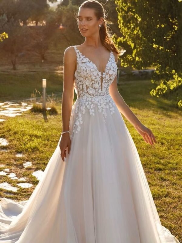 SoDigne Formal Princess Women Wedding Dresses Lace Flower A Line Bride Gowns Button Backless Bridal Dress For Wedding Customized