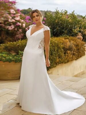 Pastrol A-Line Wedding Dresses Plus Size V Neck Cap Sleeves Bride Gowns Appliques Backless Floor Length Vestido De Noiva 2024