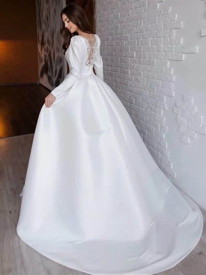SoDigne A-line Satin Simple Wedding Dresses O-neck Full Sleeves Appliques Bridal Dress Long Bridal Gown 2025 Customized 2 SoDigne A-line Satin Simple Wedding Dresses O-neck Full Sleeves Appliques Bridal Dress Long Bridal Gown 2025 Customized – Image 2