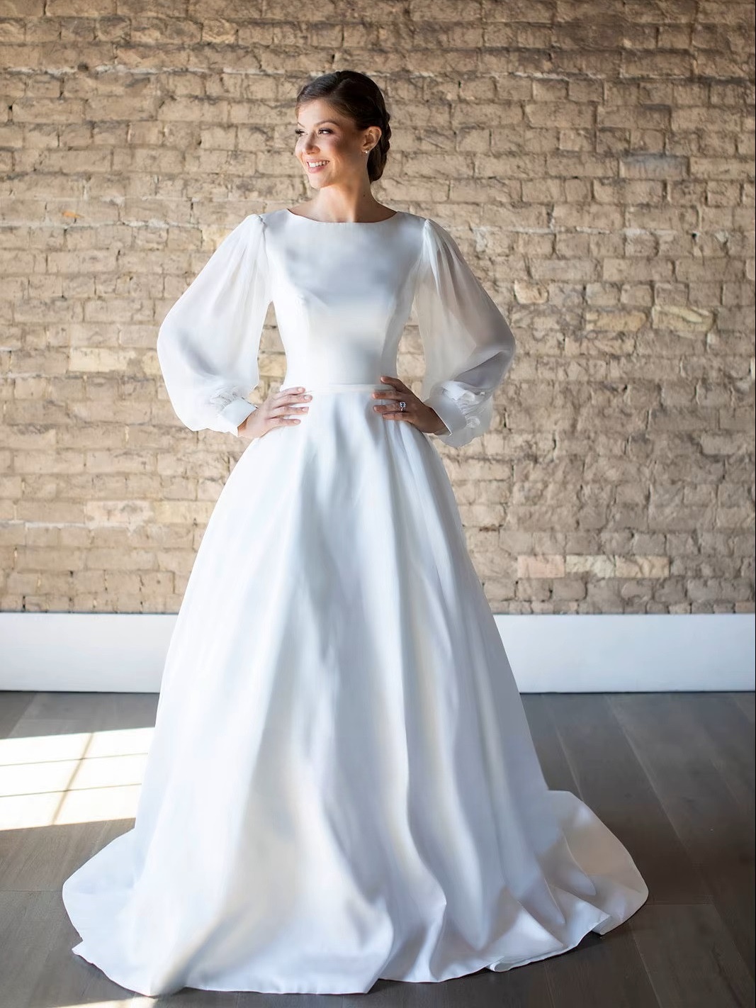 SoDigne Satin A-line Wedding Dresses Full Sleeves O-neck Bridal Dress Elegant Long Bridal Gown vestidos de novia Customized 3 SoDigne Satin A-line Wedding Dresses Full Sleeves O-neck Bridal Dress Elegant Long Bridal Gown vestidos de novia Customized – Image 3