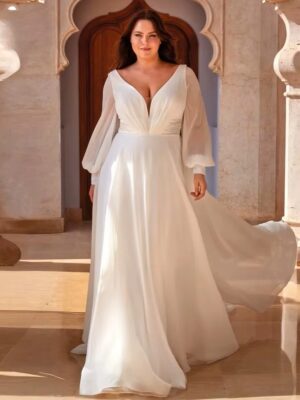Simple Wedding Dresses Plus Size Deep V Neck Long Sleeves Bride Gowns Back Button Sweep Train A-Line Vestido De Noiva 2024