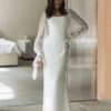 SoDigne Simple Wedding Dresses Square Neck Puff Sleeves Bodycon Satin Bride Dresses Vintage Bridal Gown Floor length Customized 5 A32fd7fad86af4ad09b8f37e2d832486dZ Cropped
