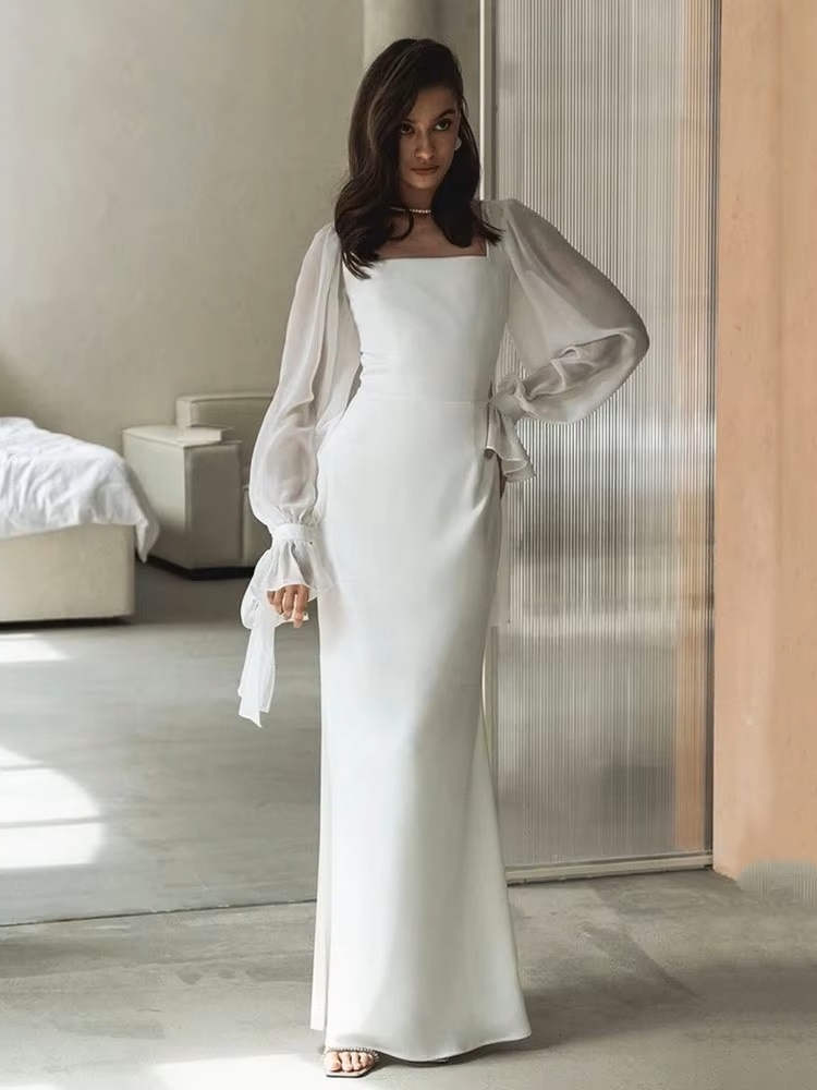 SoDigne Simple Wedding Dresses Square Neck Puff Sleeves Bodycon Satin Bride Dresses Vintage Bridal Gown Floor length Customized 1 SoDigne Simple Wedding Dresses Square Neck Puff Sleeves Bodycon Satin Bride Dresses Vintage Bridal Gown Floor length Customized