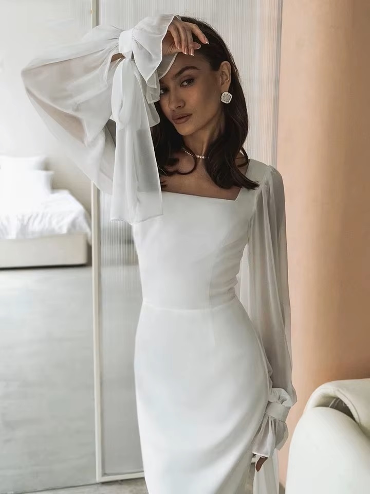 SoDigne Simple Wedding Dresses Square Neck Puff Sleeves Bodycon Satin Bride Dresses Vintage Bridal Gown Floor length Customized 3 SoDigne Simple Wedding Dresses Square Neck Puff Sleeves Bodycon Satin Bride Dresses Vintage Bridal Gown Floor length Customized – Image 3