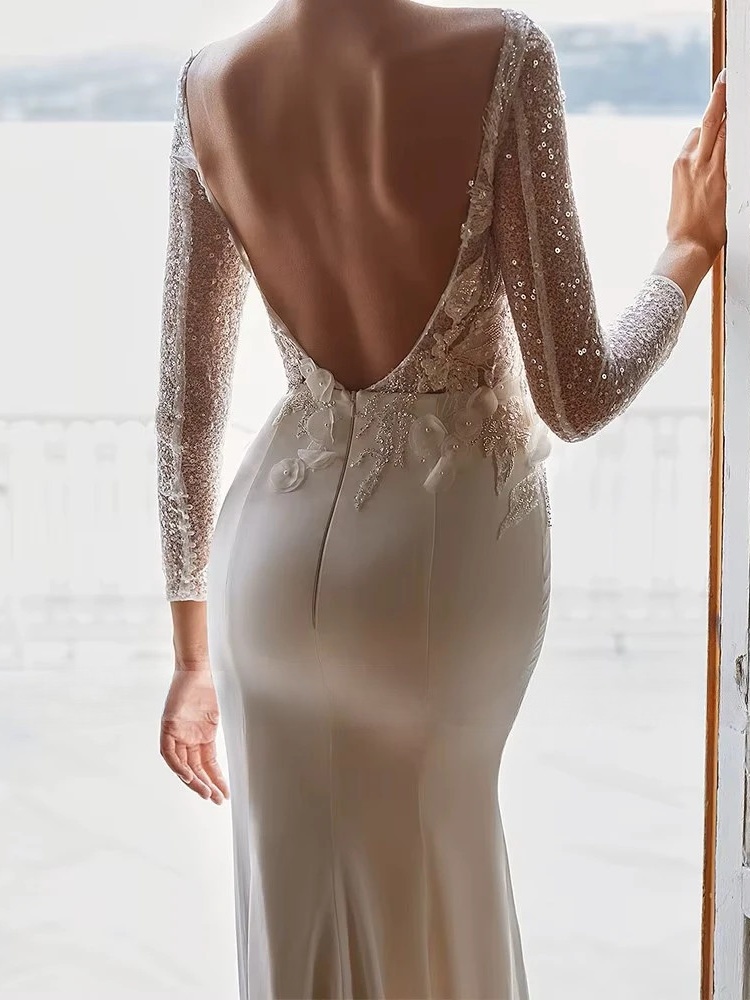 Modern Mermaid Wedding Dresses Women O-Neck Long Sleeves Backless Lace Applique Vestido De Novia Shiny Bridal Gowns Customized 2 Modern Mermaid Wedding Dresses Women O-Neck Long Sleeves Backless Lace Applique Vestido De Novia Shiny Bridal Gowns Customized – Image 2