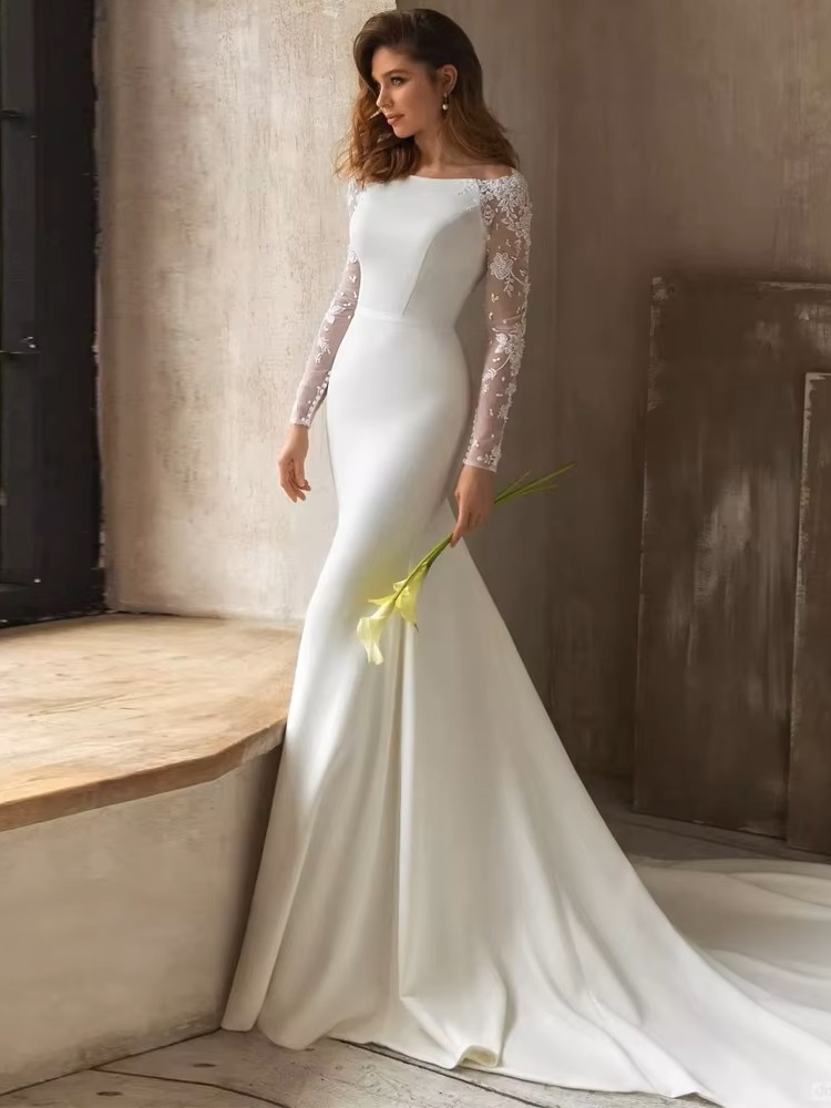 Gorgeous Lace Mermaid Wedding Dress Long Sleeve Modest Arabic Simple Bridal Gown Long Train Bride Dress Robe De Novia Customized 1 Gorgeous Lace Mermaid Wedding Dress Long Sleeve Modest Arabic Simple Bridal Gown Long Train Bride Dress Robe De Novia Customized