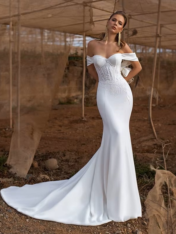 Elegant Mermaid Sweetheart Wedding Dress Women Lace Applique Off The Shoulder Crepe Bridal Gown Vestidos De Novia Customized 3 Elegant Mermaid Sweetheart Wedding Dress Women Lace Applique Off The Shoulder Crepe Bridal Gown Vestidos De Novia Customized – Image 3