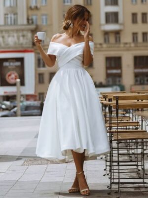 LORIE Simple Tea-length Wedding Dress Off the shoulder White Ivory Satin A-line Short Bride Gowns Beach Customized Wedding Gown