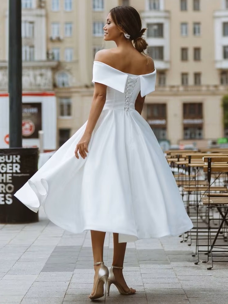 LORIE Simple Tea-length Wedding Dress Off the shoulder White Ivory Satin A-line Short Bride Gowns Beach Customized Wedding Gown 2 LORIE Simple Tea-length Wedding Dress Off the shoulder White Ivory Satin A-line Short Bride Gowns Beach Customized Wedding Gown – Image 2