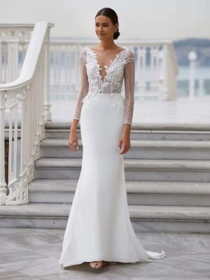 Modern Mermaid Wedding Dresses Women O-Neck Long Sleeves Backless Lace Applique Vestido De Novia Shiny Bridal Gowns Customized
