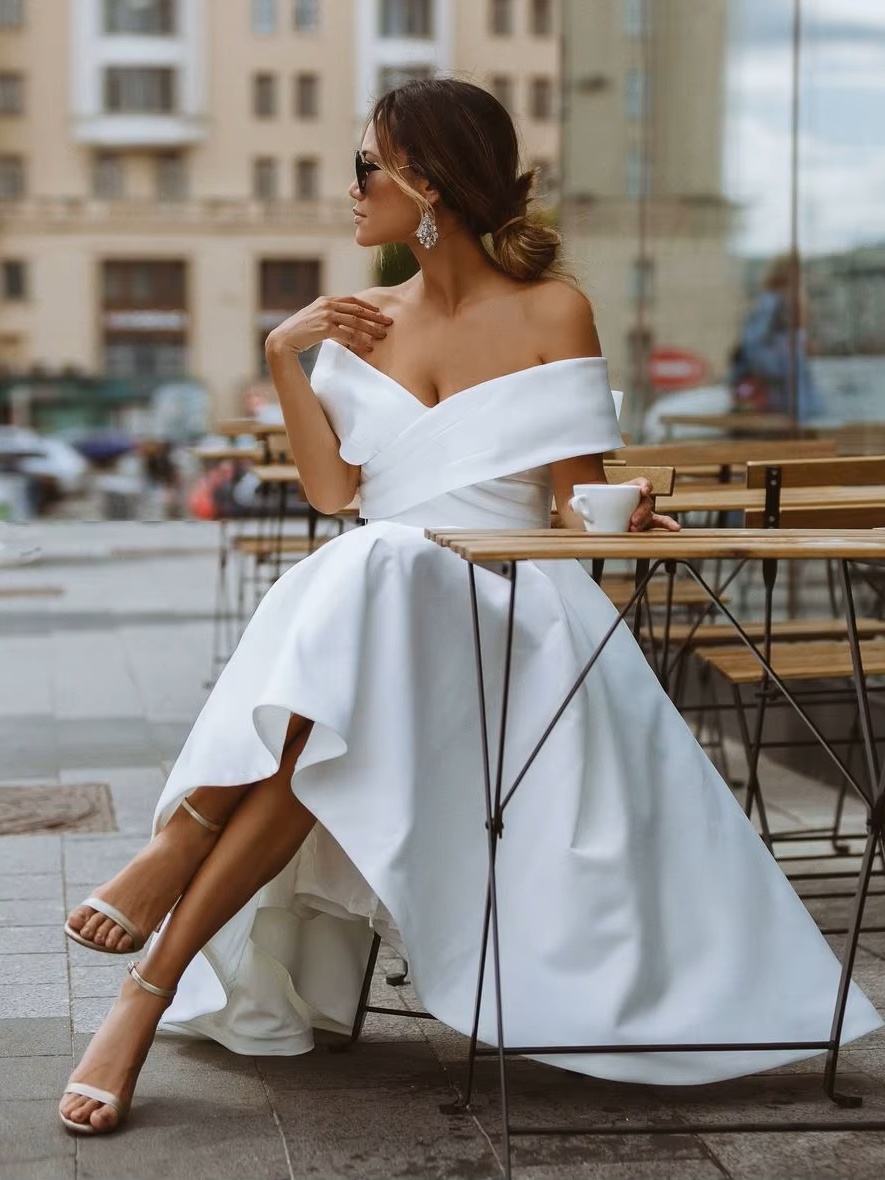 LORIE Simple Tea-length Wedding Dress Off the shoulder White Ivory Satin A-line Short Bride Gowns Beach Customized Wedding Gown 3 LORIE Simple Tea-length Wedding Dress Off the shoulder White Ivory Satin A-line Short Bride Gowns Beach Customized Wedding Gown – Image 3