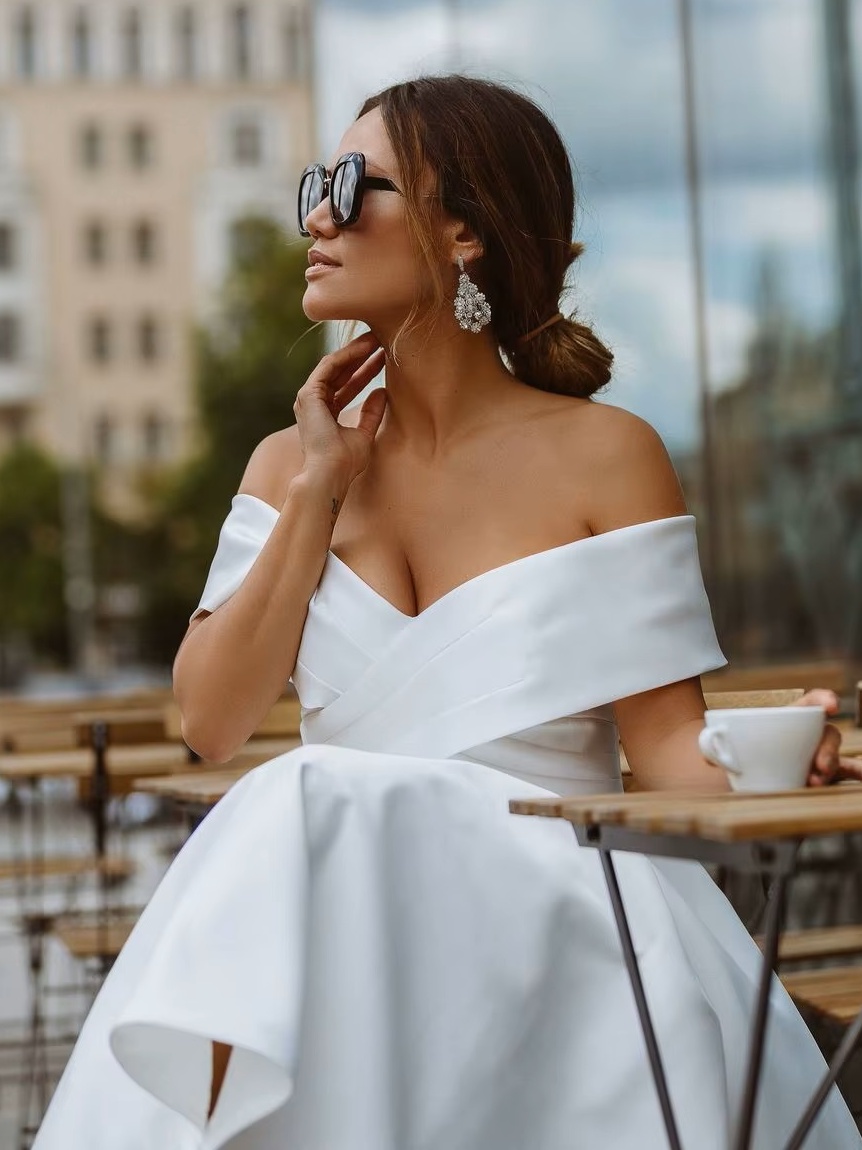 LORIE Simple Tea-length Wedding Dress Off the shoulder White Ivory Satin A-line Short Bride Gowns Beach Customized Wedding Gown 4 LORIE Simple Tea-length Wedding Dress Off the shoulder White Ivory Satin A-line Short Bride Gowns Beach Customized Wedding Gown – Image 4