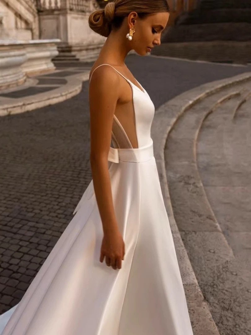 Elegant Wedding Dress For Woman Sweetheart-Neck A-Line Spaghetti Straps Open Back Bride Gown Train Vestidos De Novia Customized 4 Elegant Wedding Dress For Woman Sweetheart-Neck A-Line Spaghetti Straps Open Back Bride Gown Train Vestidos De Novia Customized – Image 4