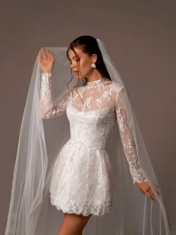 Vintage A-Line Lace Appliques Mini Wedding Dress For Women Simple High Neck Illusion Long Sleeves Gown Short Dress Customized 2 Vintage A-Line Lace Appliques Mini Wedding Dress For Women Simple High Neck Illusion Long Sleeves Gown Short Dress Customized – Image 2