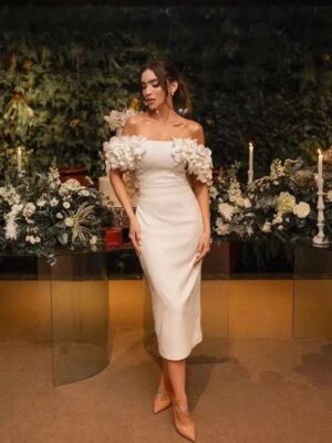 Customized Simple Satin Short Mermaid Strapless Wedding Dress Sexy Backless Off Shoulder Pleat Button Appliques Mid-Calf Bride