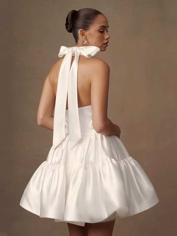 Simple Ivory Satin Mini Wedding Dress Sleeveless Pleat Halter Ball Gown Sexy Backless with Lace Up Short Bride Dress Customized 2 Simple Ivory Satin Mini Wedding Dress Sleeveless Pleat Halter Ball Gown Sexy Backless  with Lace Up Short Bride Dress Customized – Image 2