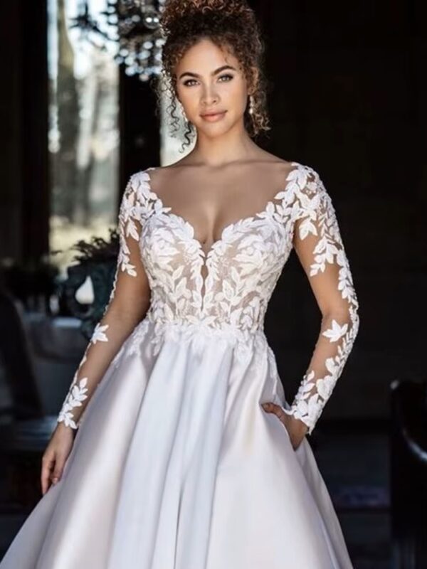SoDigne Backless Boho Wedding Dresses With Pockets Long Sleeves V Neck Lace Bridal Dress Satin Bride Gowns Customized – Image 3