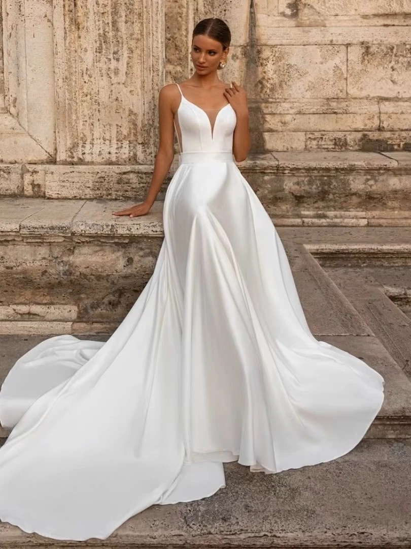 Elegant Wedding Dress For Woman Sweetheart-Neck A-Line Spaghetti Straps Open Back Bride Gown Train Vestidos De Novia Customized 3 Elegant Wedding Dress For Woman Sweetheart-Neck A-Line Spaghetti Straps Open Back Bride Gown Train Vestidos De Novia Customized – Image 3